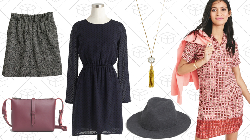 Herringbone Sidewalk Skirt, $39 | Ryann Crossbody Bag, $48 | Textured Dot Tulip-Hem Dress, $56 | Beaded Moon Tassel Pendant Necklace, $13 | Classic Wool Fedora, 27 | Short-Sleeve Printed Shirtdress, $51